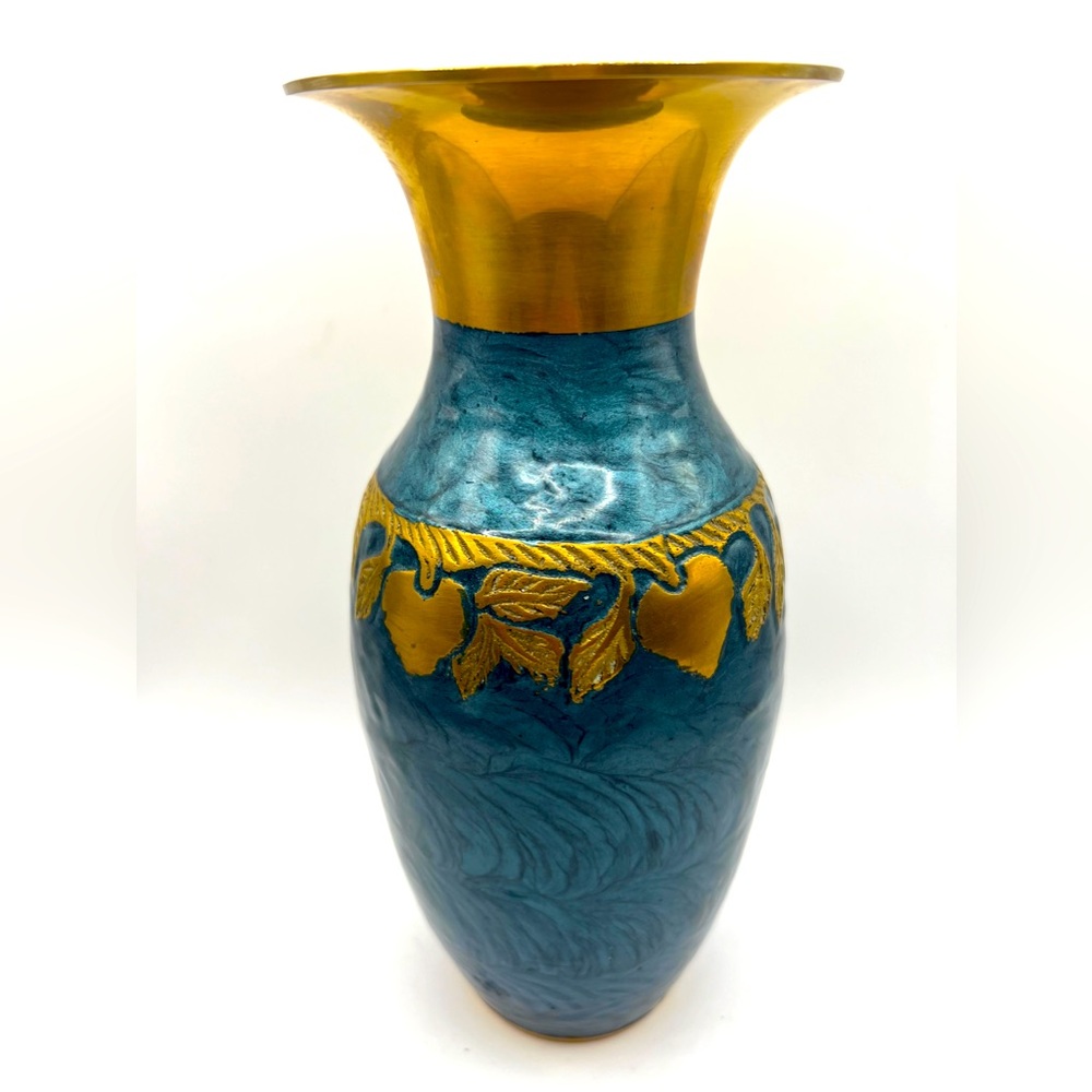 VTG Solid Brass Blue Enamel Vase Decorative India Hanging Leaves Fruits MCM 8.5"